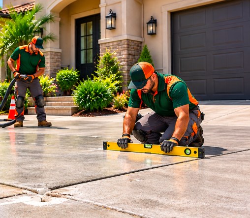 Concrete Leveling Pasadena technician checking a leveled driveway