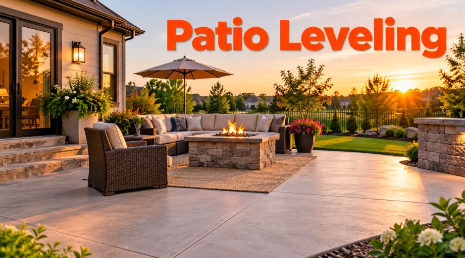 Level concrete patio with outdoor seating and fire pit at sunset in Pasadena, CA